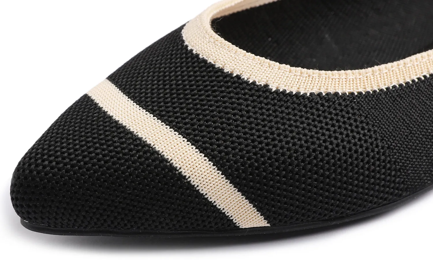 Feversole Women's Woven Fashion Breathable Knit Flat Shoes Pointed Black Beige Stripe