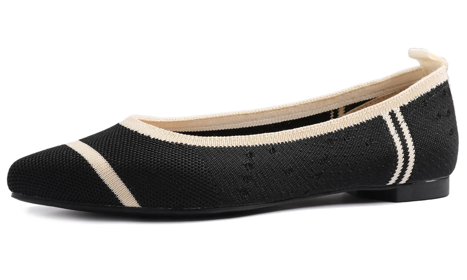 Feversole Women's Woven Fashion Breathable Knit Flat Shoes Pointed Black Beige Stripe