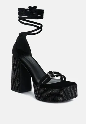 FIRECROWN Black Rhinestone Platform High Block Sandals