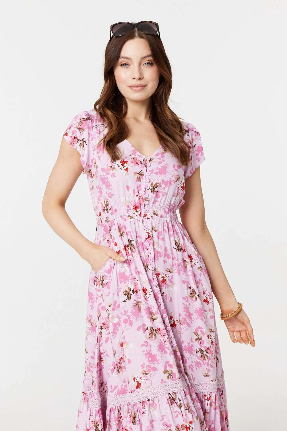 Floral Print Cap Sleeve Midi Dress