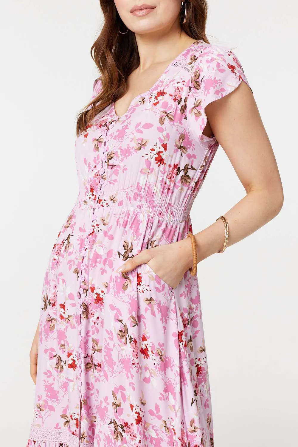 Floral Print Cap Sleeve Midi Dress