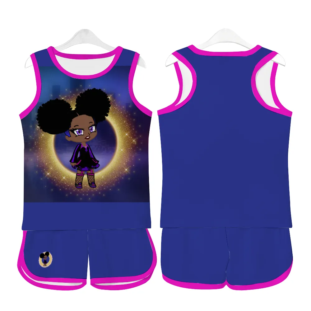 Fro-Puff Tank Top with Short Basketball Girl's 2 Piece Outfit Set