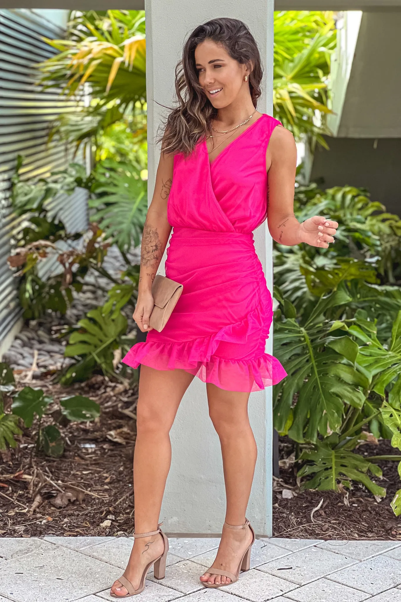 Fuchsia Mesh Sleeveless Short Dress