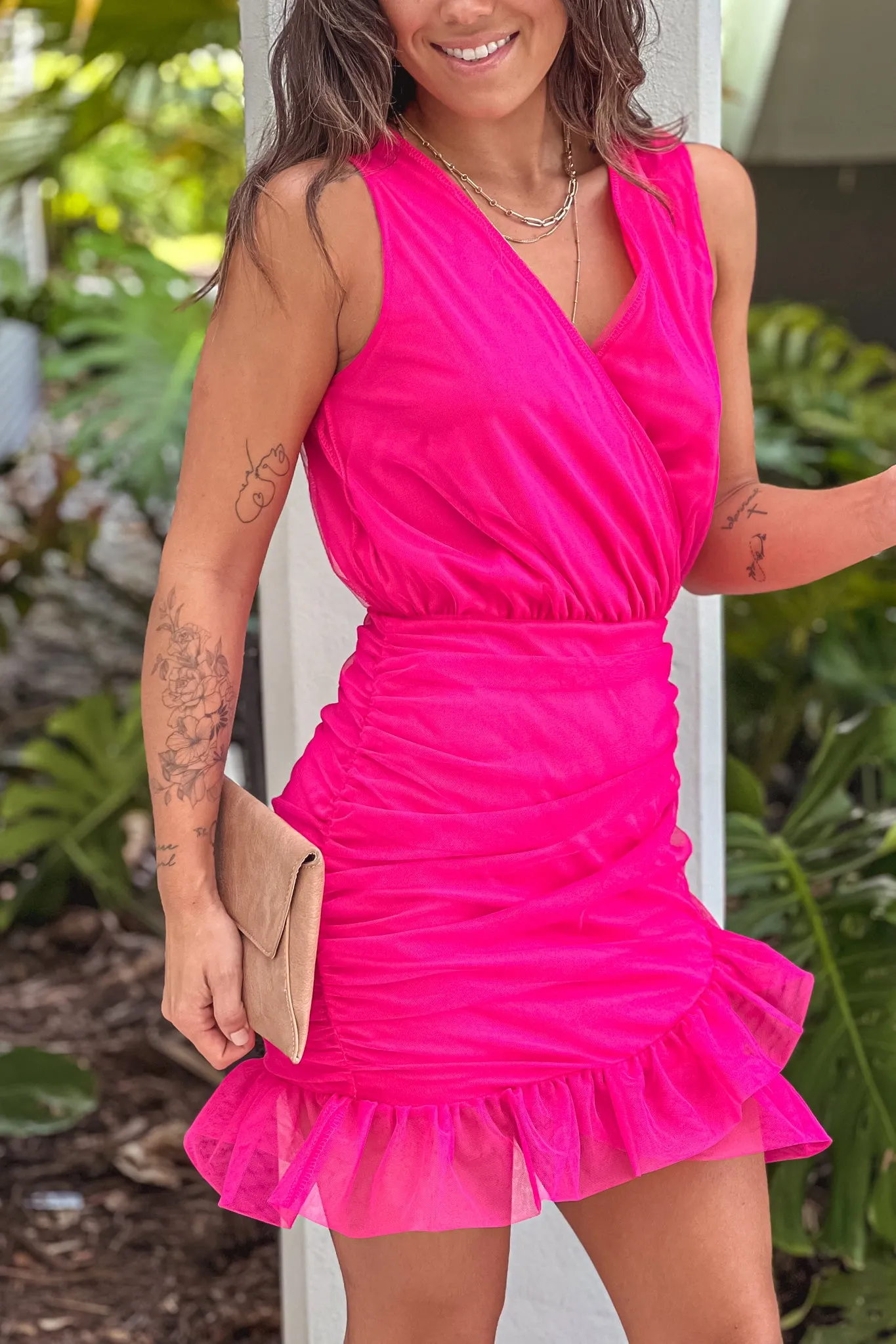 Fuchsia Mesh Sleeveless Short Dress