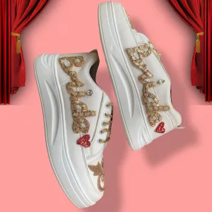 FUNKY N TRENDY “Bride” hand embroidered sneakers / bride shoes/customized shoes/ gold sneakers / golden shoes/ golden sneakers