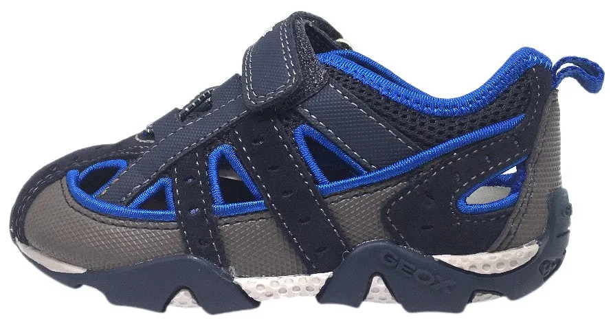 Geox Boy's Aragon Navy & Royal Blue Single Hook and Loop Strap Closed Toe with Bumper and Elastic Lace Sandal