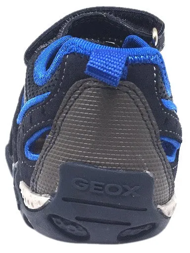 Geox Boy's Aragon Navy & Royal Blue Single Hook and Loop Strap Closed Toe with Bumper and Elastic Lace Sandal