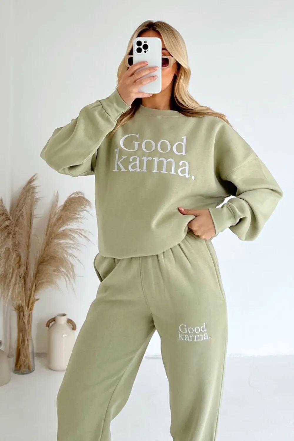 Good Karma sage embroidered sweater joggers premium loungewear