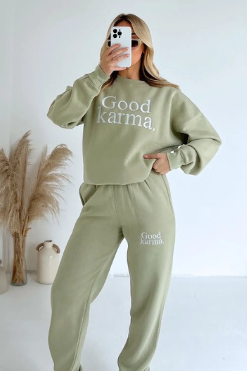 Good Karma sage embroidered sweater joggers premium loungewear