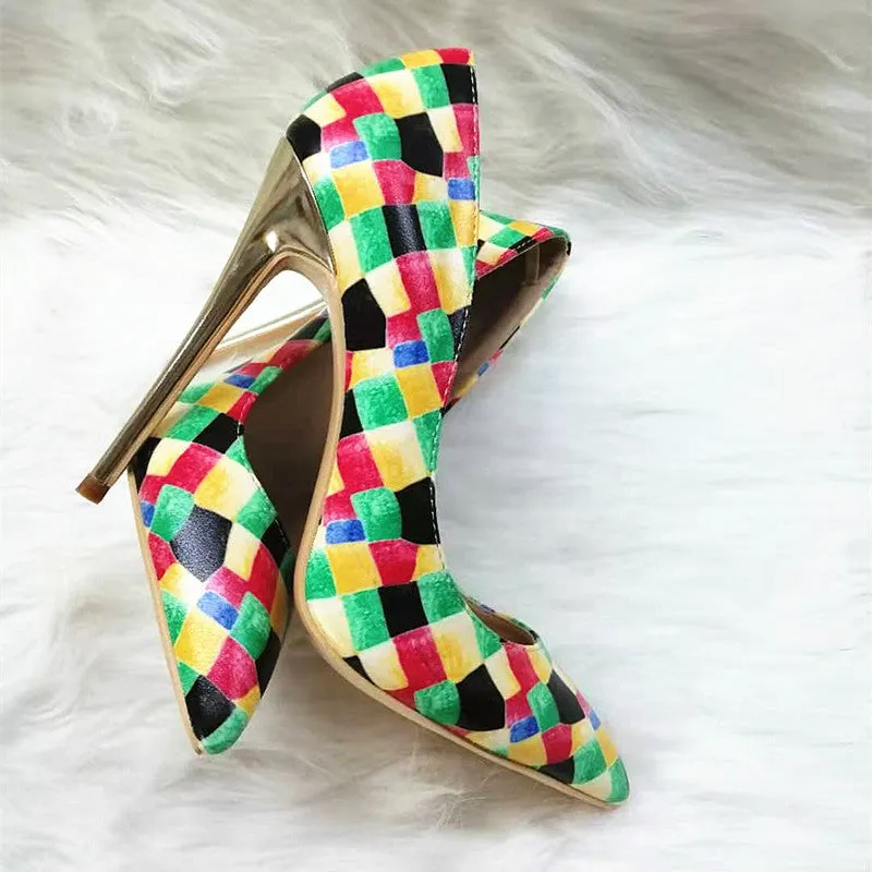 High Heels with colorful plaid pattern Fashion Evening Party Shoes