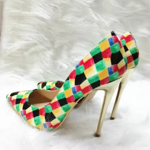 High Heels with colorful plaid pattern Fashion Evening Party Shoes