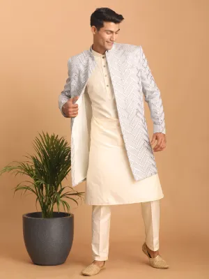 Jashvi Men's Aqua Blue Mirror Indo Western Sherwani with Kurta Pyjama Set