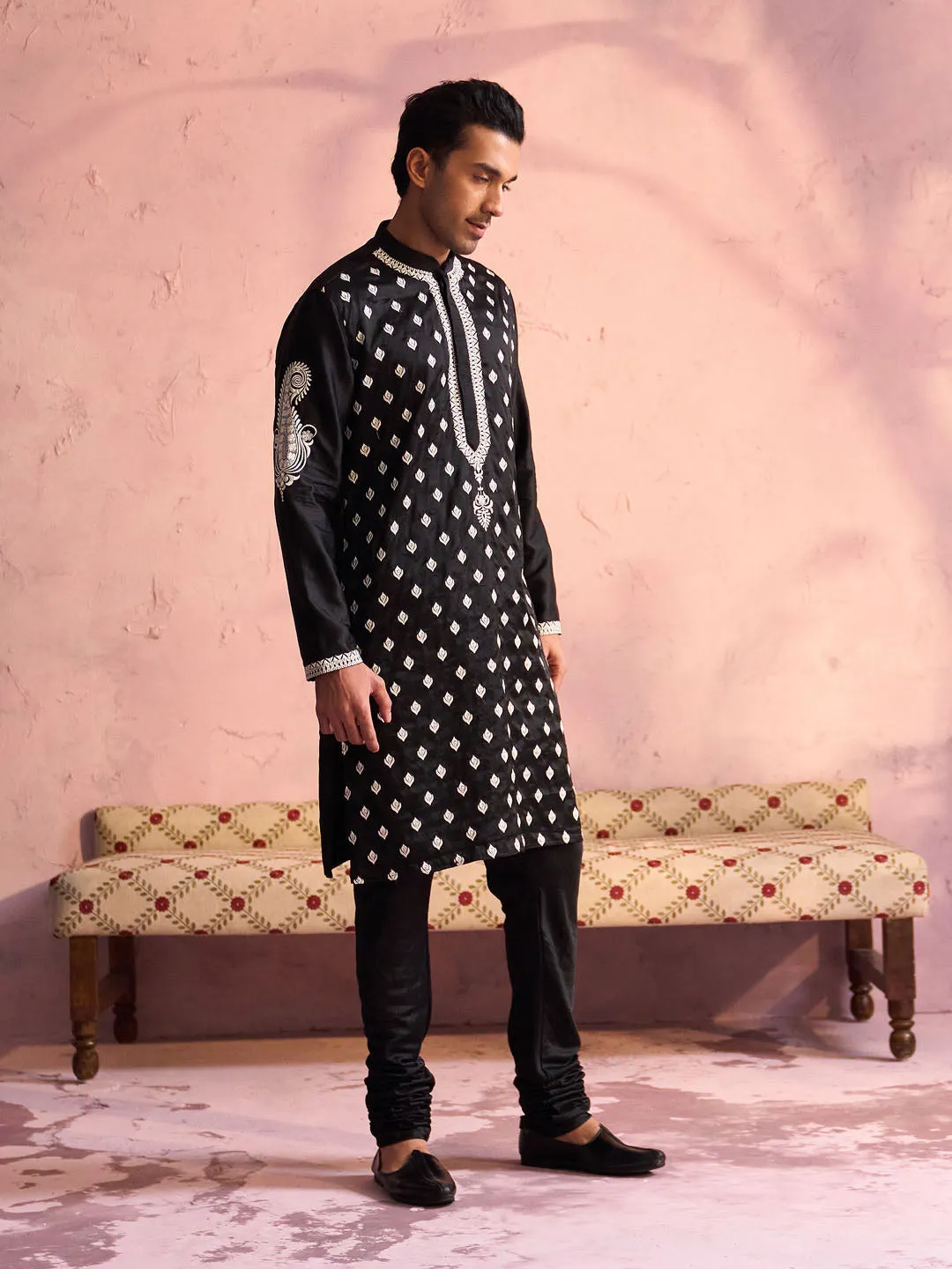 Jashvi Men's Black Silk Embroidered Ethnic Kurta Pyjama Set