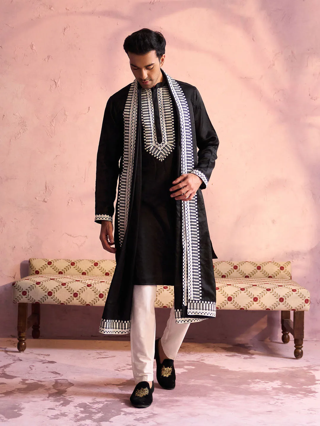 Jashvi Men's Black Silk Machine Embroidered Kurta Pyjama With Silk Dupatta Set