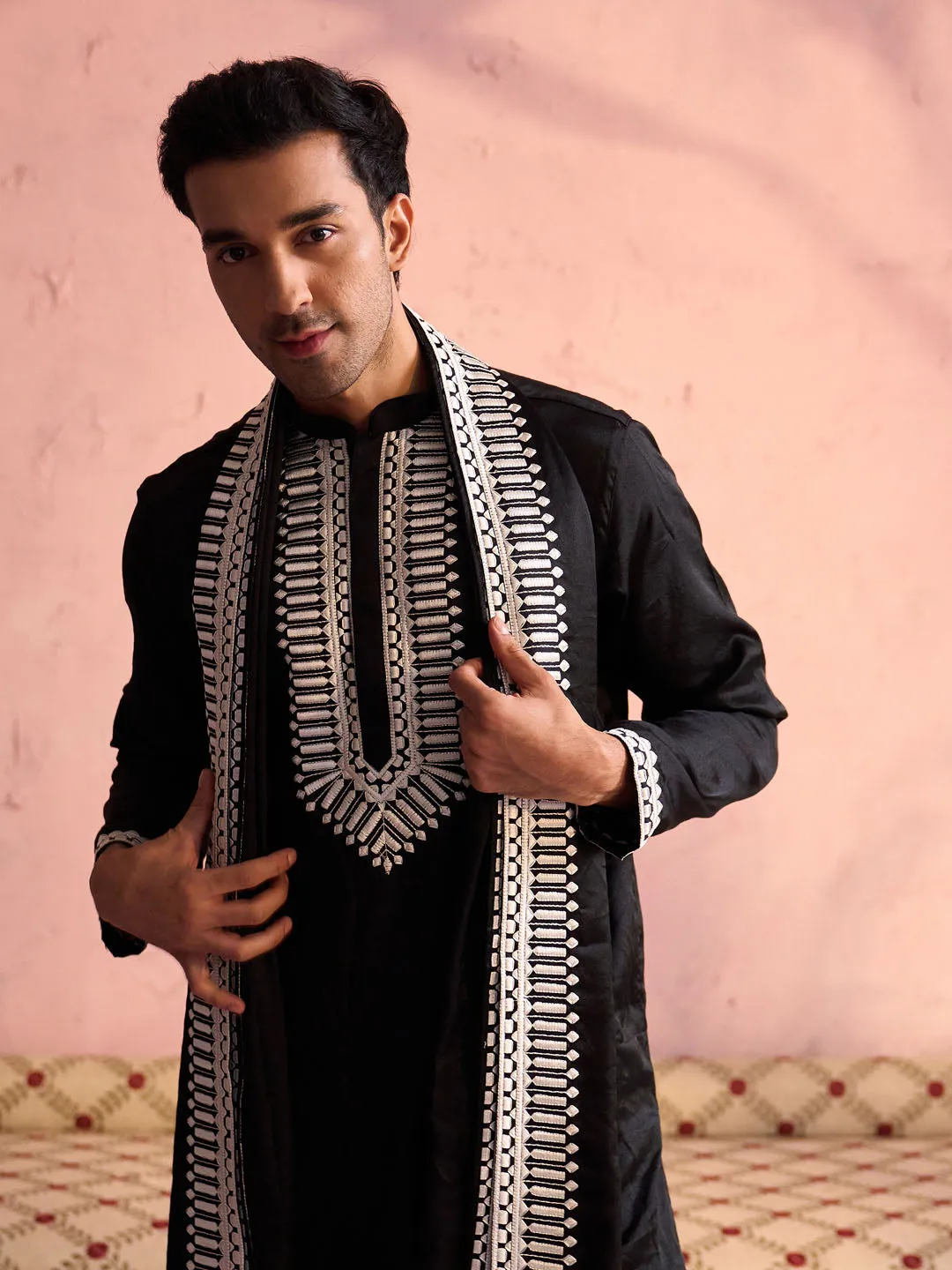 Jashvi Men's Black Silk Machine Embroidered Kurta Pyjama With Silk Dupatta Set