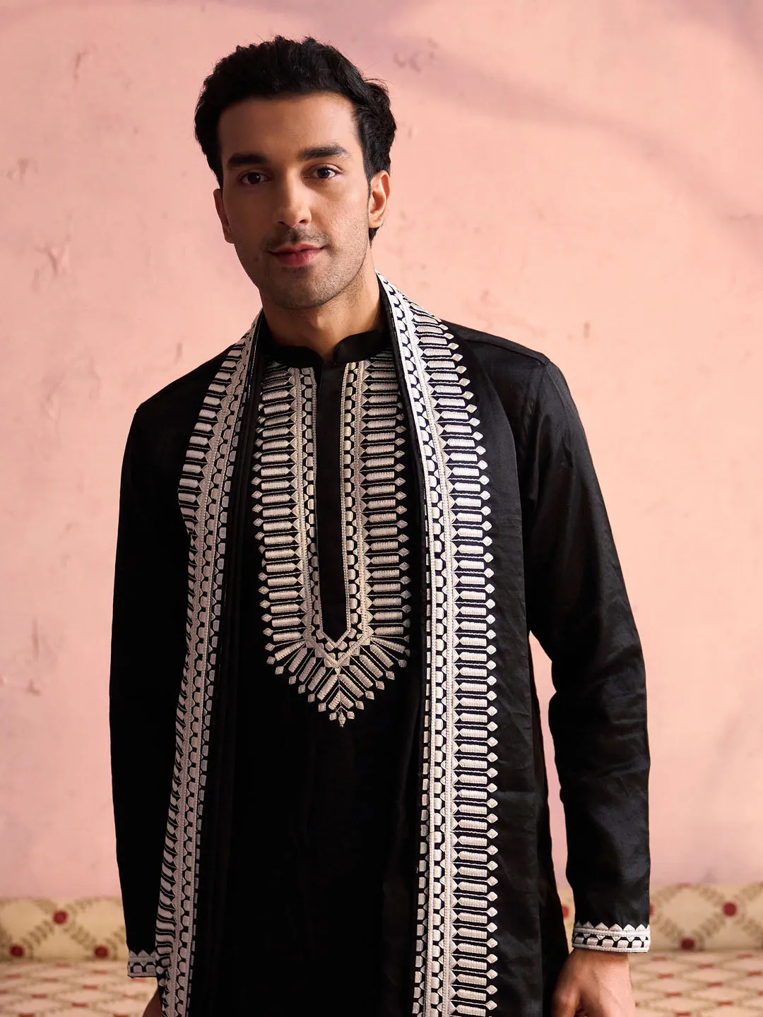 Jashvi Men's Black Silk Machine Embroidered Kurta Pyjama With Silk Dupatta Set