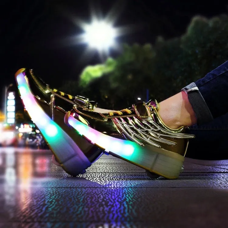 K03 LED Light Single Wheel Wing Mesh Surface Roller Skating Shoes Sport Shoes, Size : 35 (Gold)