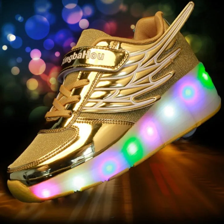 K03 LED Light Single Wheel Wing Mesh Surface Roller Skating Shoes Sport Shoes, Size : 35 (Gold)