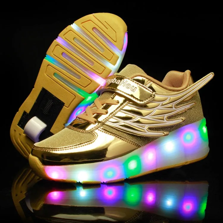 K03 LED Light Single Wheel Wing Mesh Surface Roller Skating Shoes Sport Shoes, Size : 35 (Gold)