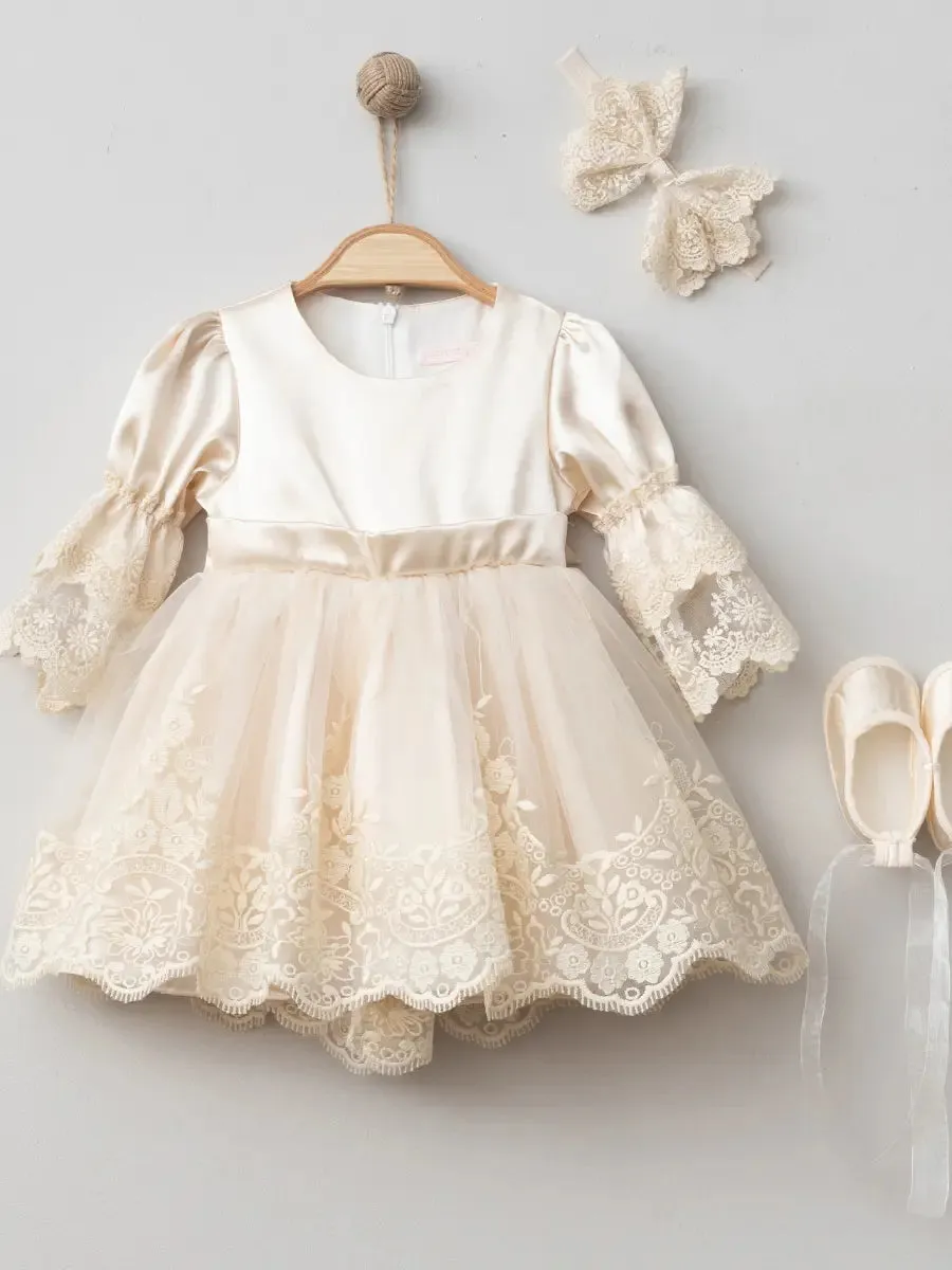 Lace Baptism Dress Set in 4 Pcs