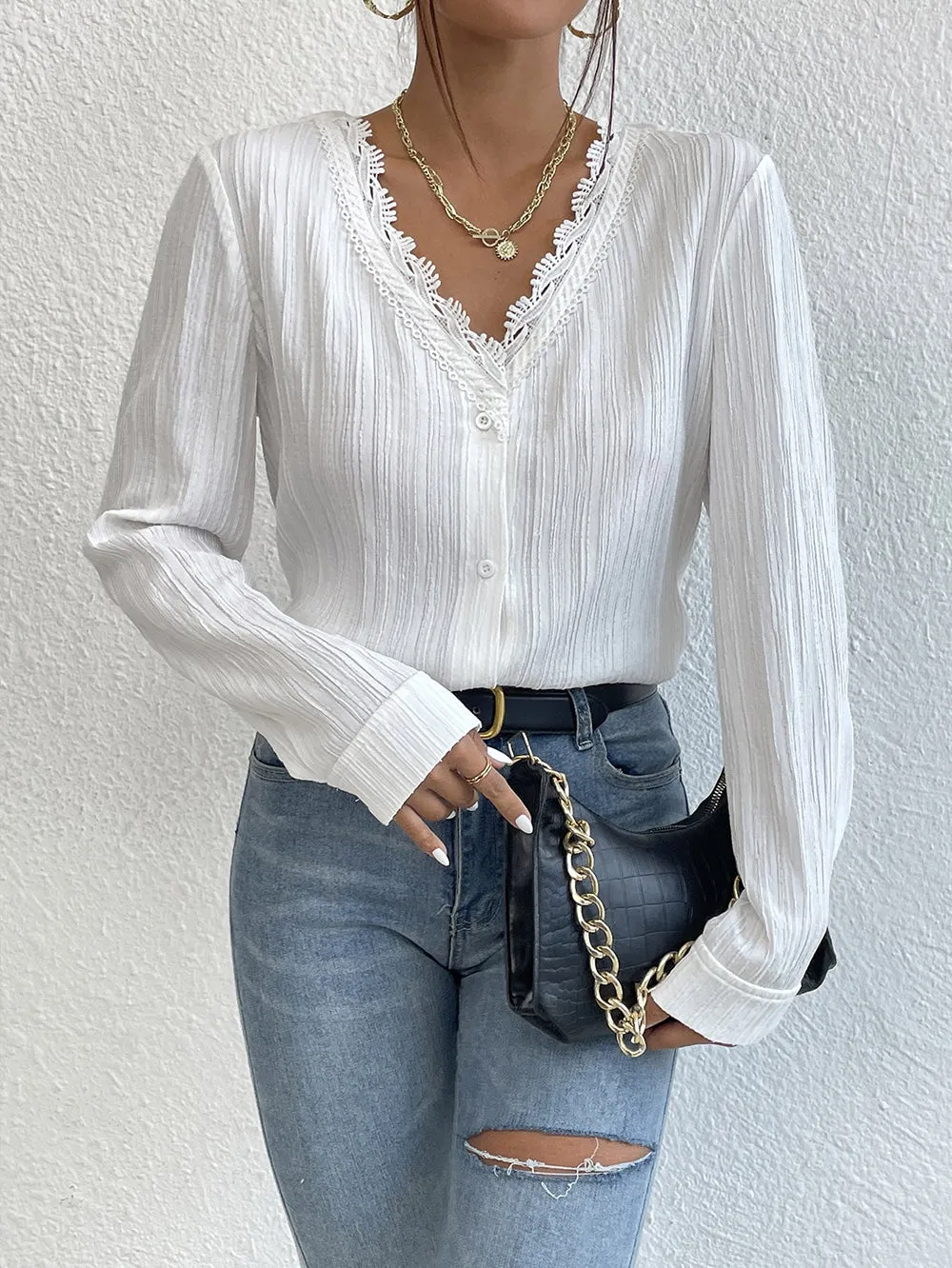 Lace Trim V-Neck Long Sleeve Shirt