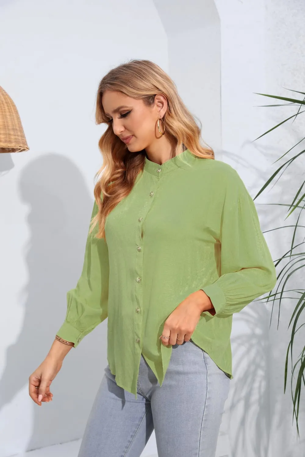 Mock Neck Buttoned Long Sleeve Shirt