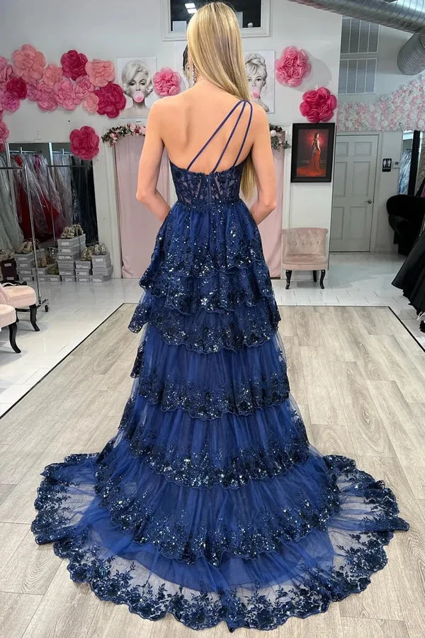 Navy Blue Tulle Sequin One-Shoulder Long Prom Dress with Slit PSK489