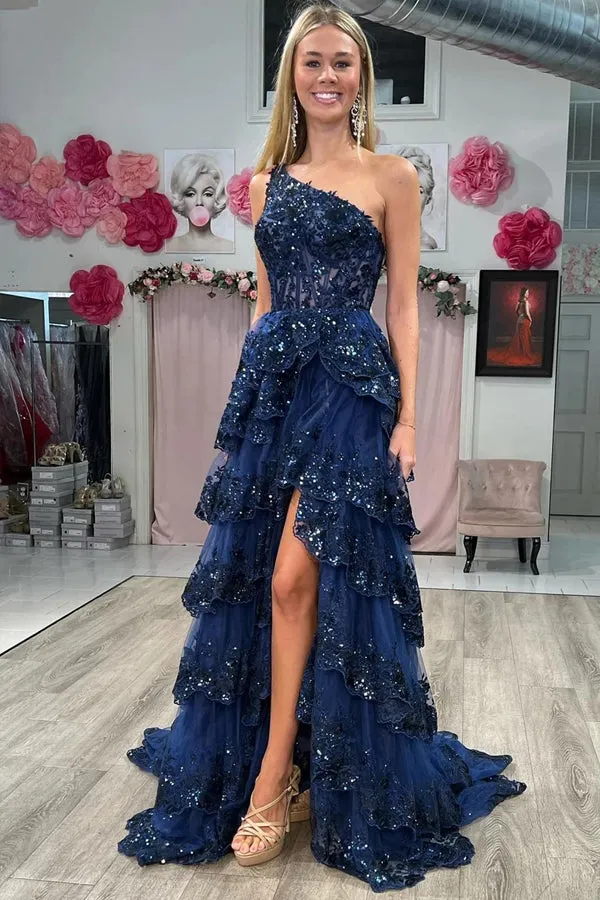 Navy Blue Tulle Sequin One-Shoulder Long Prom Dress with Slit PSK489