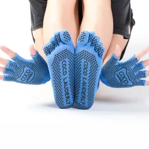 Non-slip Open Finger Yoga Sports Gloves Five Finger Yoga Socks Set, Size: One Size(Blue)