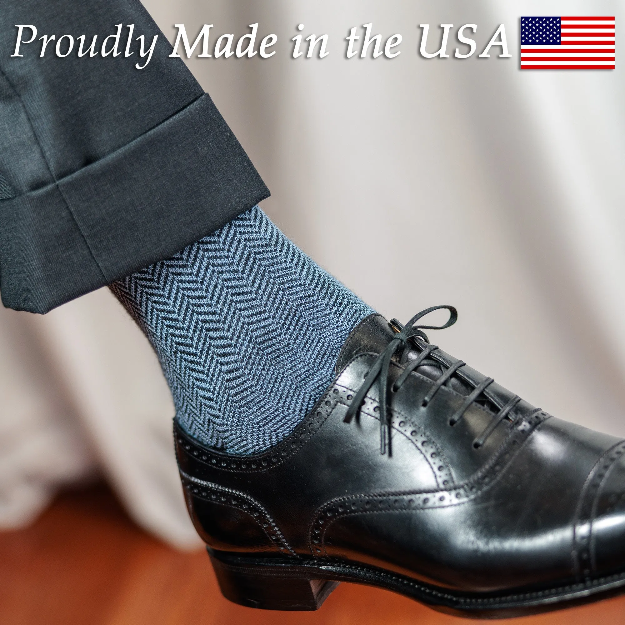 Sky Blue and Black Herringbone Merino Wool Over the Calf Dress Socks