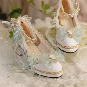 Sohiwoo French Vintage Lolita Girls Shoes Elegant Tea Party Palaca Ribbon Bowknot Pearls Gems Lace Pointed Sandals 5-6cm High Heeled