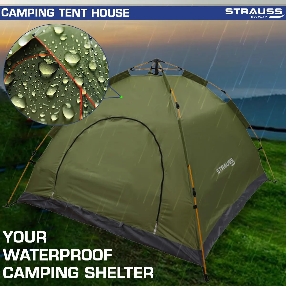 STRAUSS Automatic Portable Tent for Camping|5-10 Minutes Easy Setup|Ideal for Picnic,Hiking,Trekking,Outdoor Tent for Travel|Waterproof and Windproof Tent for Camping|Superior Air Ventilation|(Green)