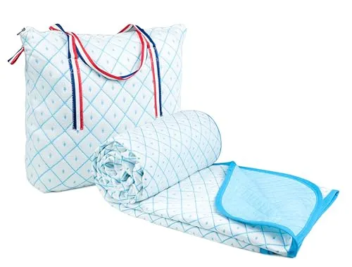 VAS COLLECTIONS Premium Cotton Viscose Dohar/AC Quilt/Blanket for Single Bed Size (60 x 86 inches) |Lightweight Knitted Dohar with a Matching Handbag - 250 GSM | Single - 150x220 cms - Aqua & White