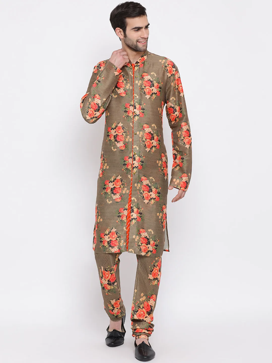 VASTRAMAY Beige Floral Kurta Pyjama Set