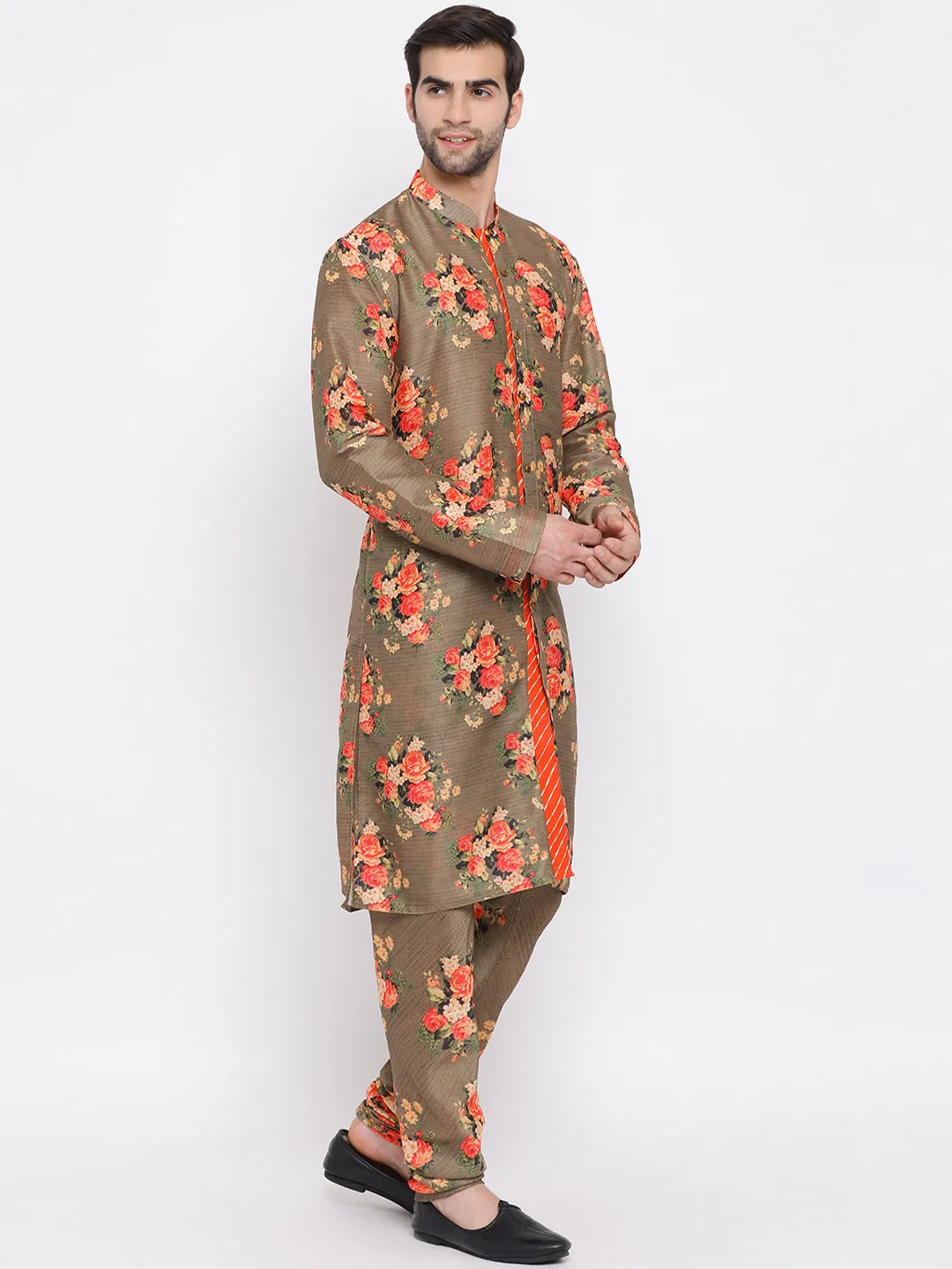 VASTRAMAY Beige Floral Kurta Pyjama Set