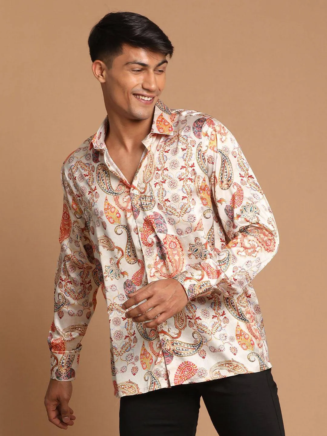 VASTRAMAY Beige Printed Cotton Silk Shirt