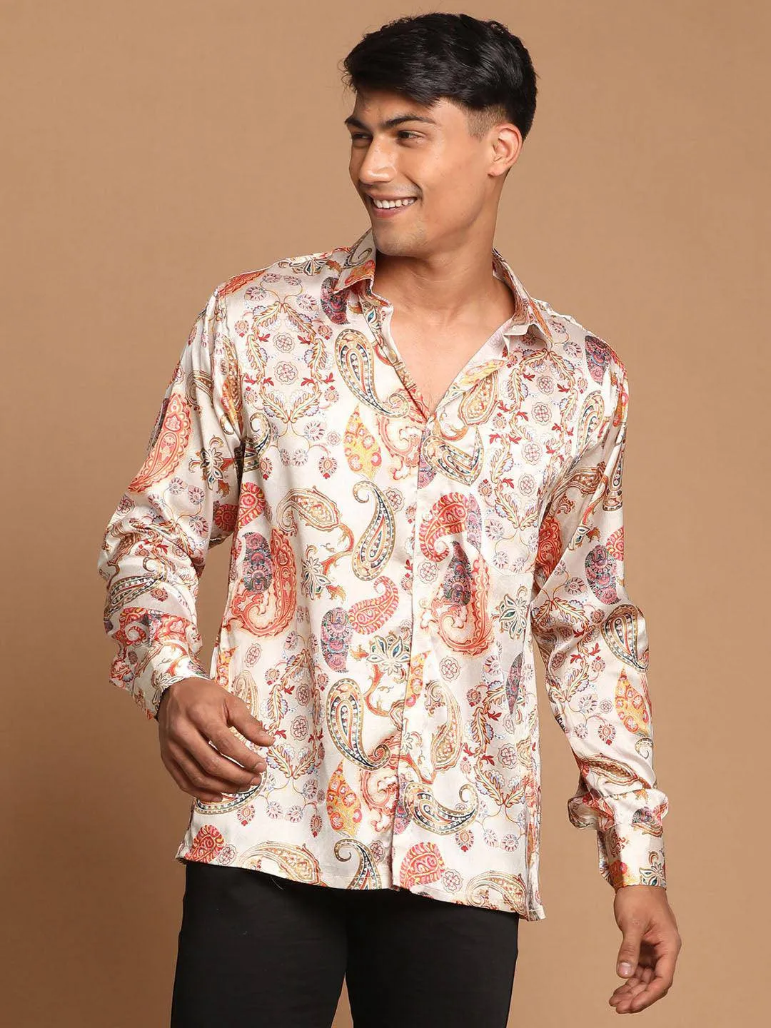 VASTRAMAY Beige Printed Cotton Silk Shirt