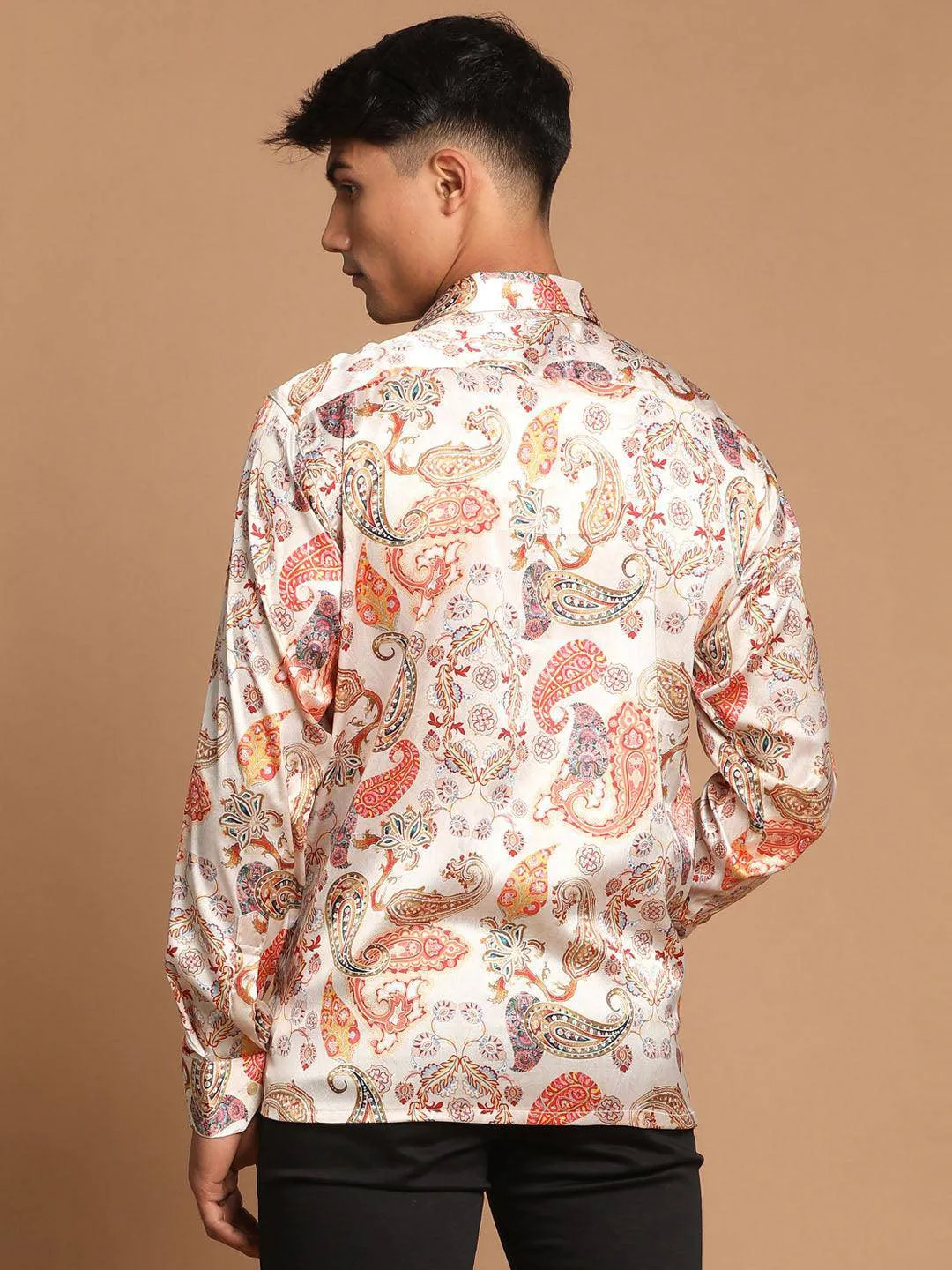 VASTRAMAY Beige Printed Cotton Silk Shirt