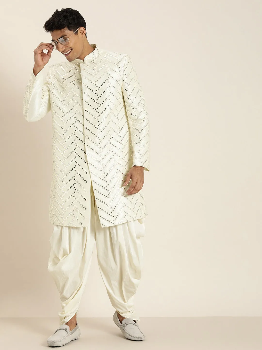 Vastramay Cream Indo Western Sherwani Set