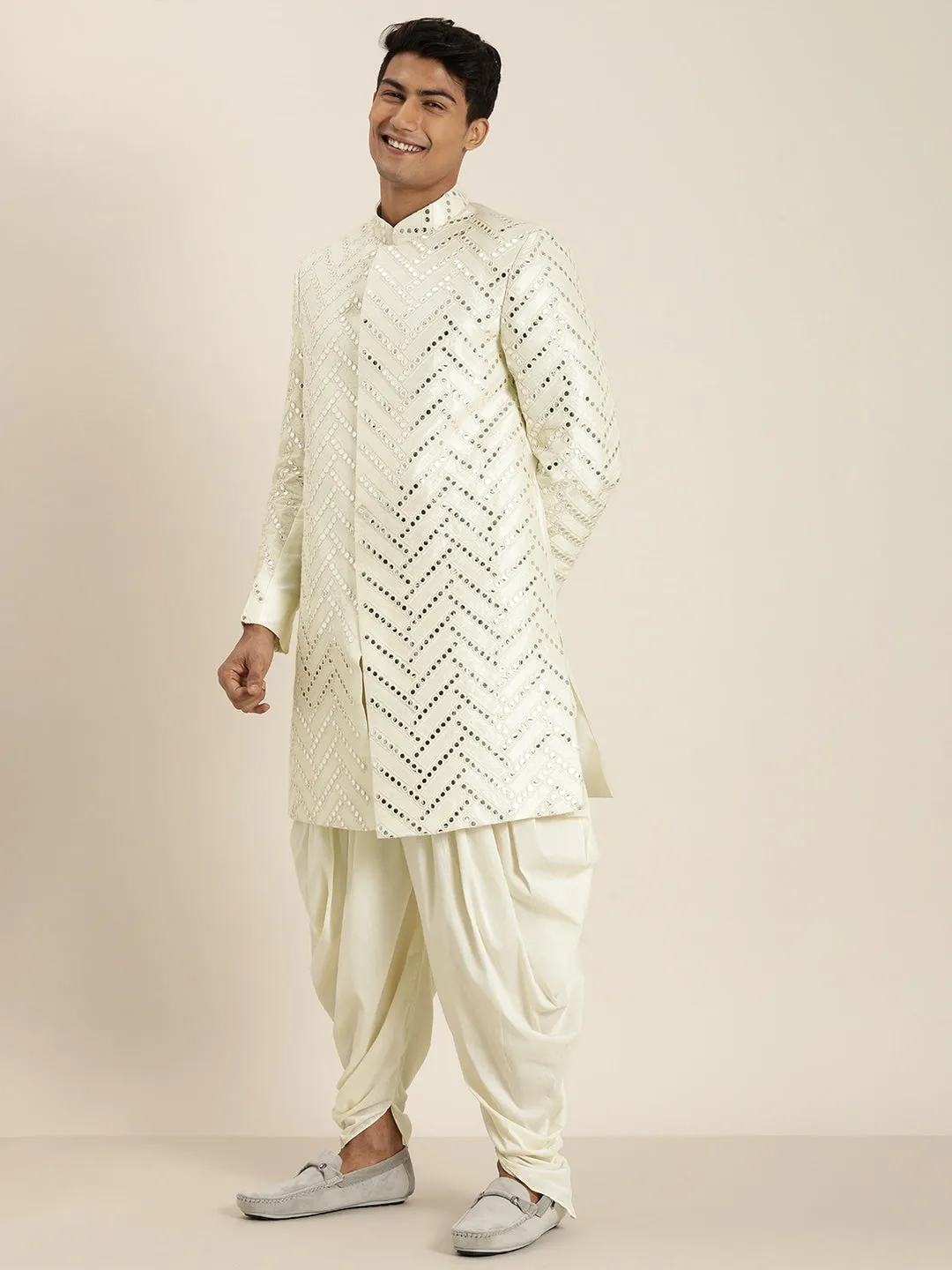 Vastramay Cream Indo Western Sherwani Set