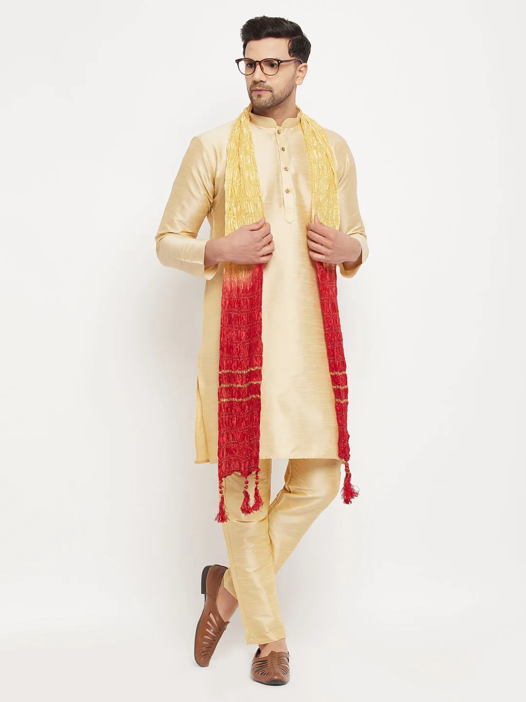 VASTRAMAY Gold Cotton Silk Kurta Set