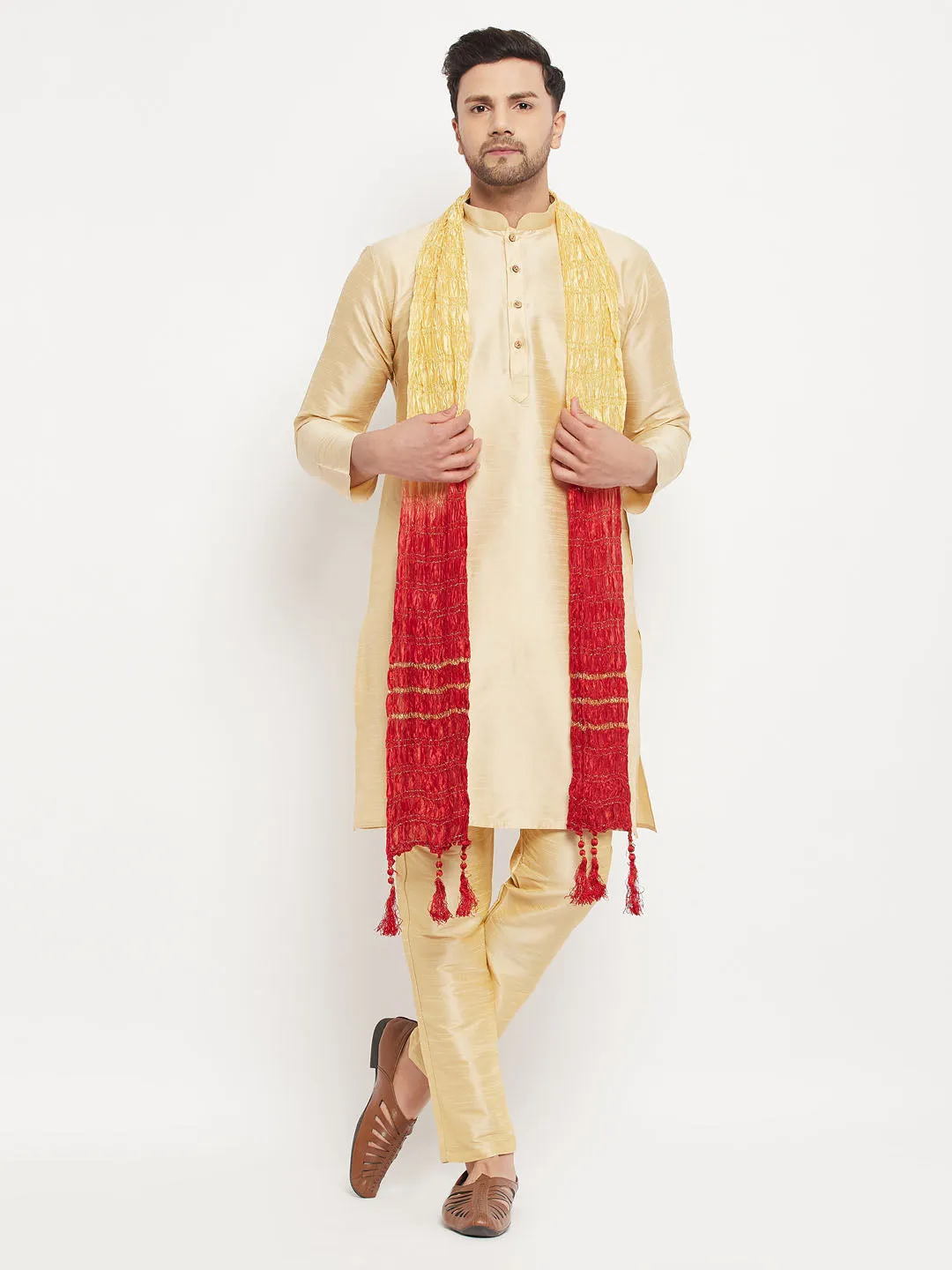 VASTRAMAY Gold Cotton Silk Kurta Set