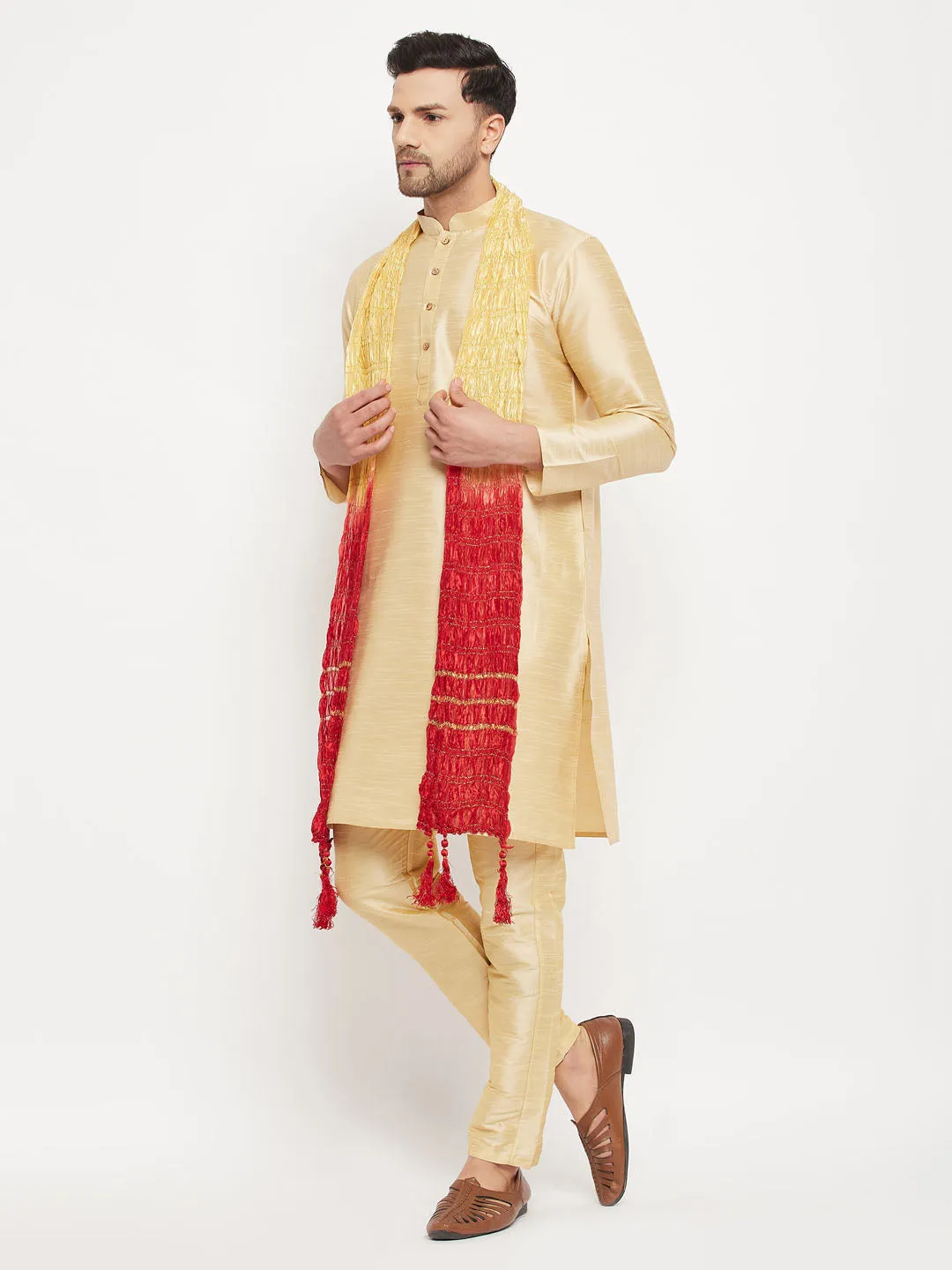 VASTRAMAY Gold Cotton Silk Kurta Set