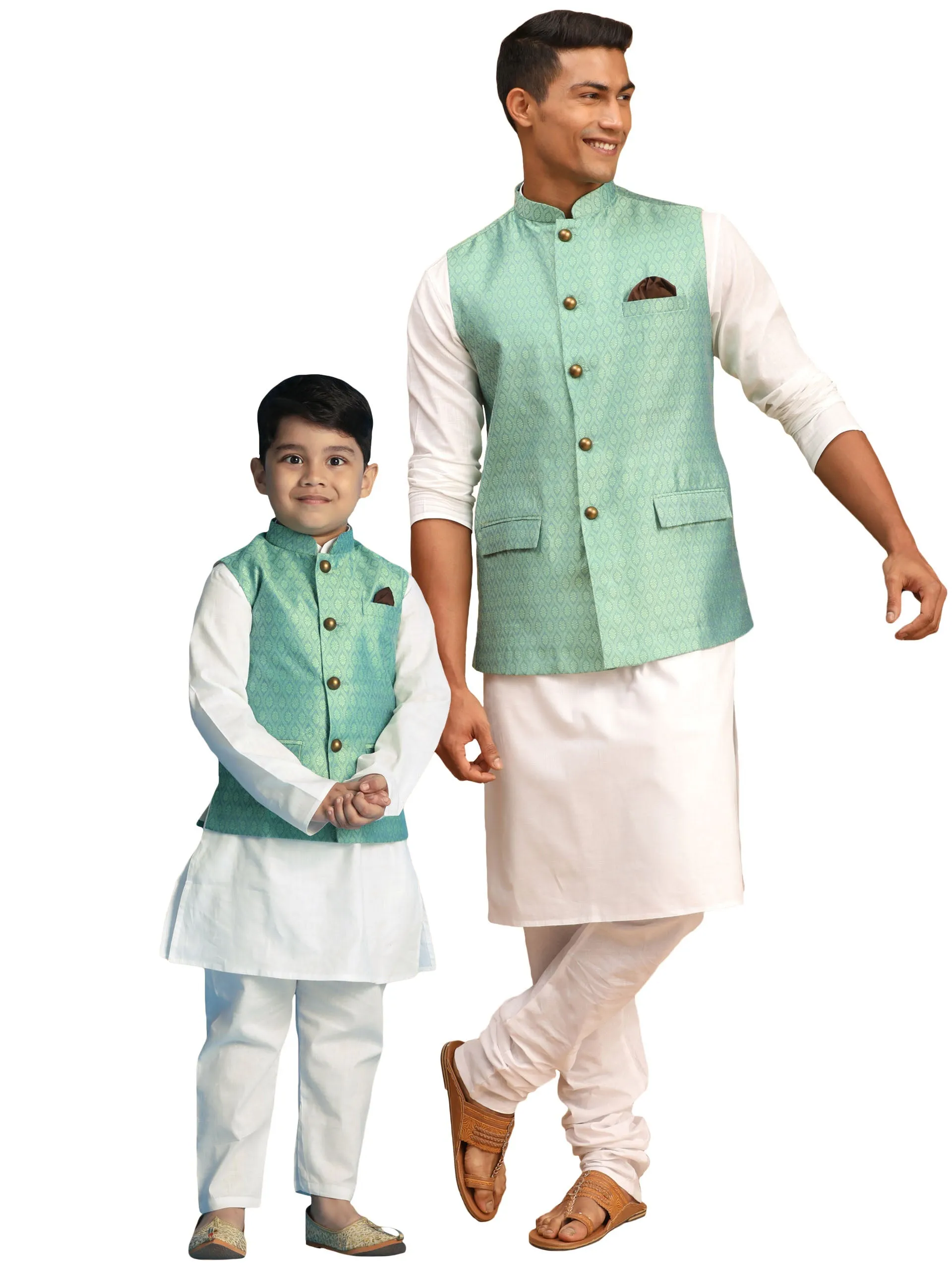 VASTRAMAY Green Woven Jacket With White Kurta and Pyjama Baap Beta Set