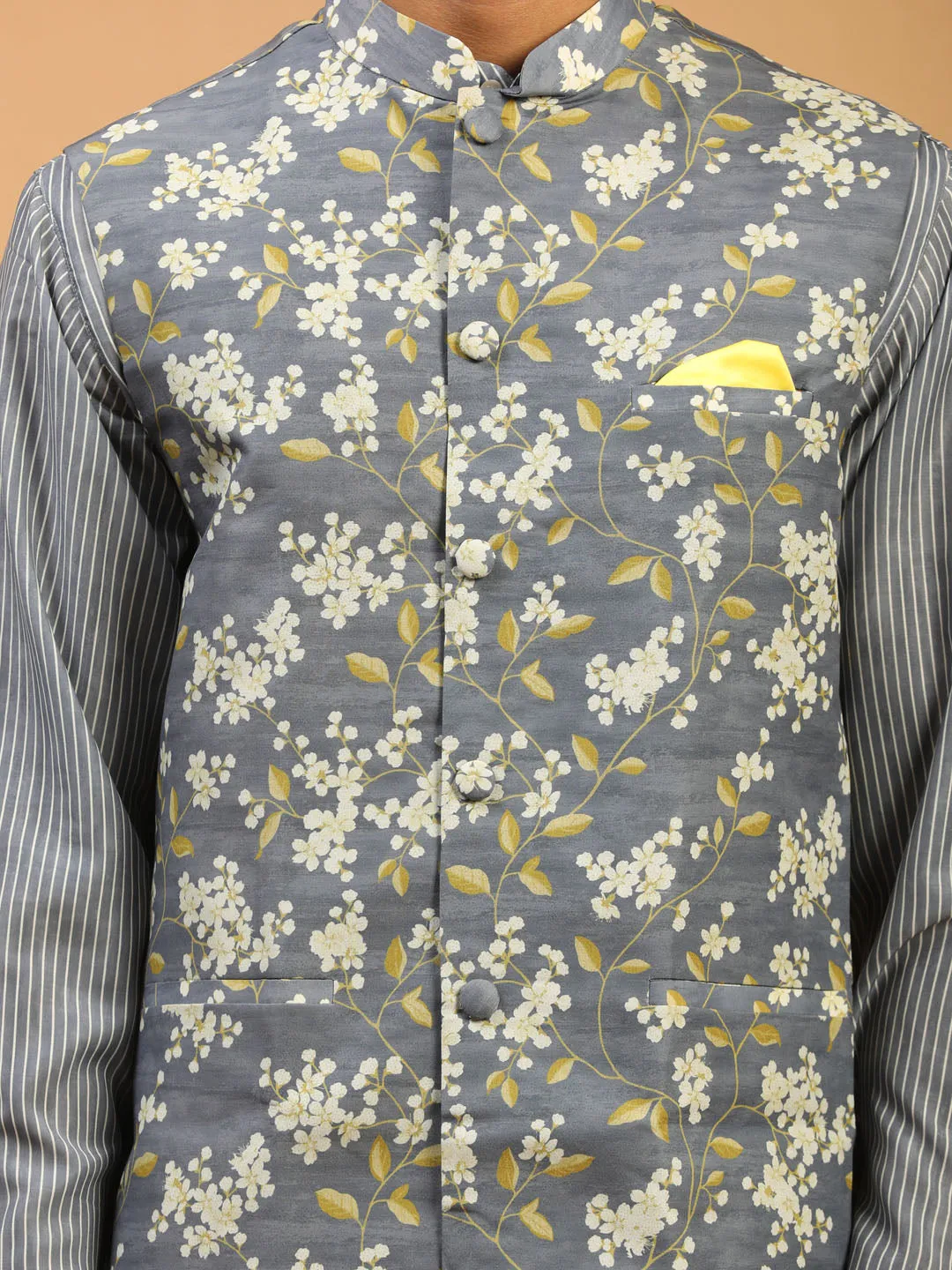 VASTRAMAY Grey Printed Nehru Jacket And Kurta