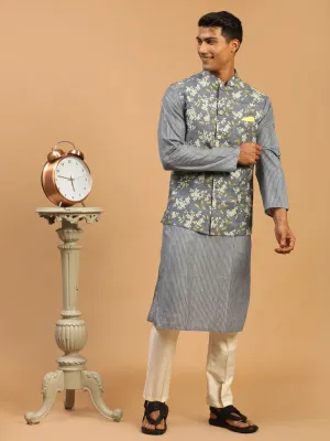 VASTRAMAY Grey Printed Nehru Jacket And Kurta