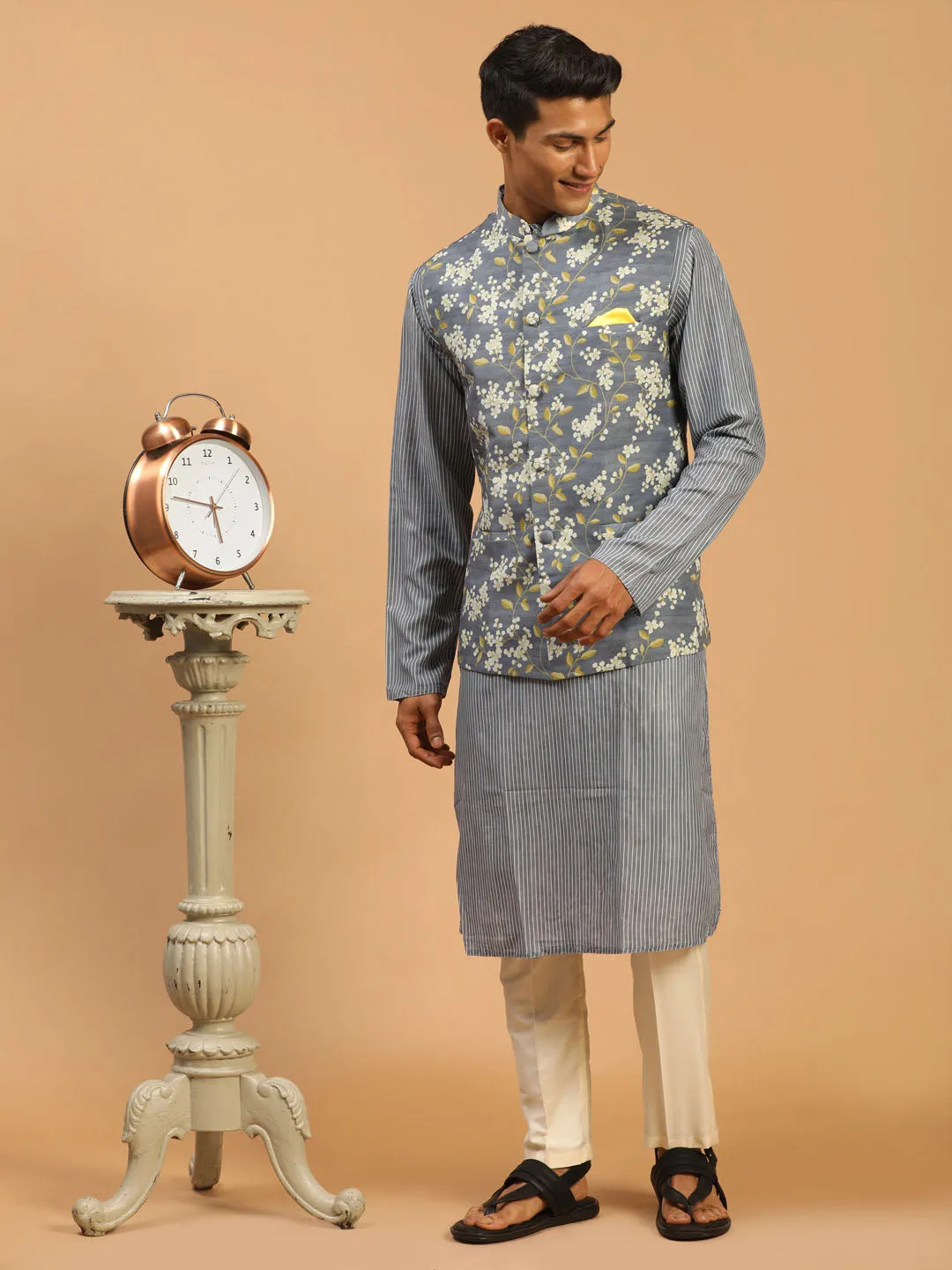 VASTRAMAY Grey Printed Nehru Jacket And Kurta