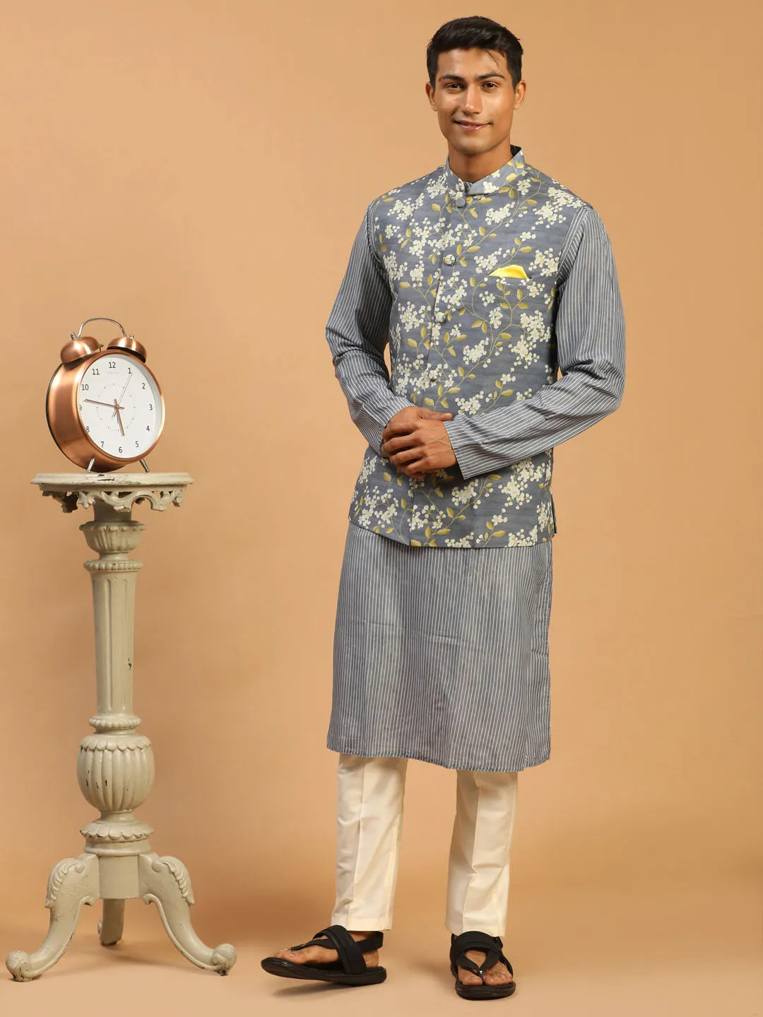 VASTRAMAY Grey Printed Nehru Jacket And Kurta