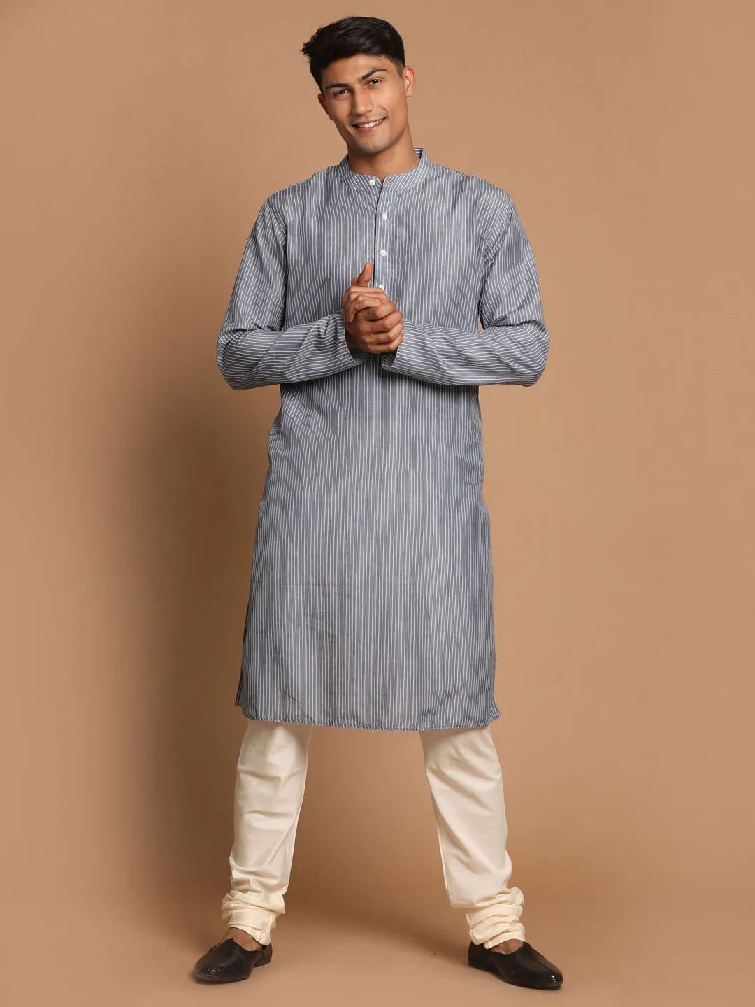 VASTRAMAY Grey Striped Kurta with Cream Pyjamas