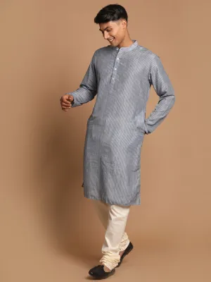 VASTRAMAY Grey Striped Kurta with Cream Pyjamas